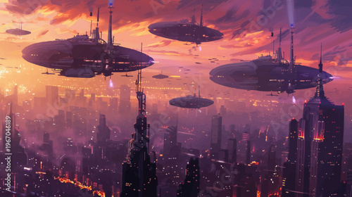 Futuristic cityscape with flying vehicles amidst a vibrant sunset sky
