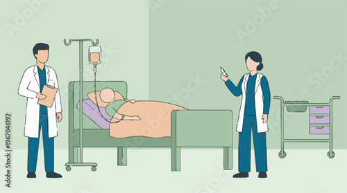 Healthcare professionals tending to a patient in a hospital bed