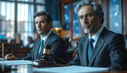 Two serious lawyers in suits in a courtroom discussing legal matters with a gavel on the table.