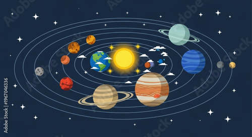 Illustration of the Solar System with planets orbiting the sun.