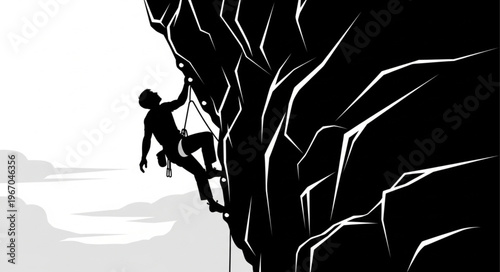 Silhouette of a climber scaling a steep rock face.
