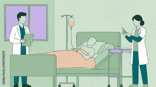 Medical staff attending to a patient with an IV drip in a hospital room