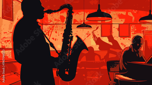 Silhouette of a saxophone player performing in a nightclub setting