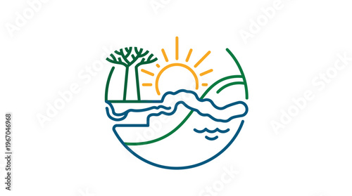 Abstract Nature Scene with Baobab Tree and Sun