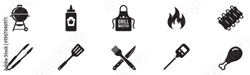 BBQ grill icon set. Barbecue and grilling icons. BBQ icon set. Barbeque icon vector.