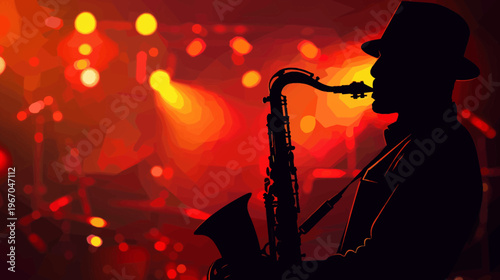 Silhouette of a saxophone player performing on stage with warm lighting