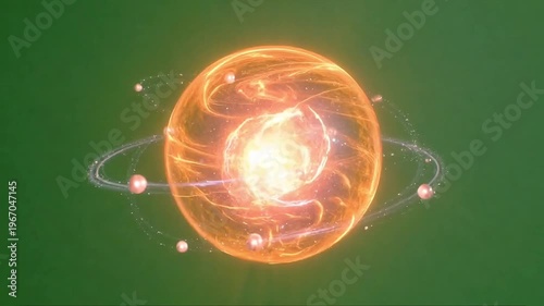 The sun emits intense orange light with swirling solar flares and orbiting planets in a green space
