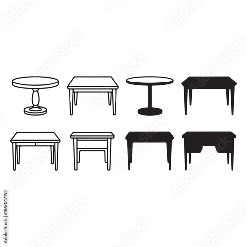 Table collection furniture silhouette vector illustration with home interior decor and lifestyle concept design
