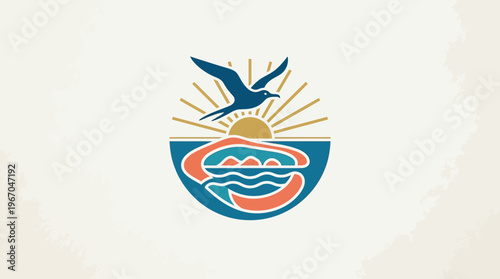 Coastal Emblem Featuring a Seagull Sun and Waves