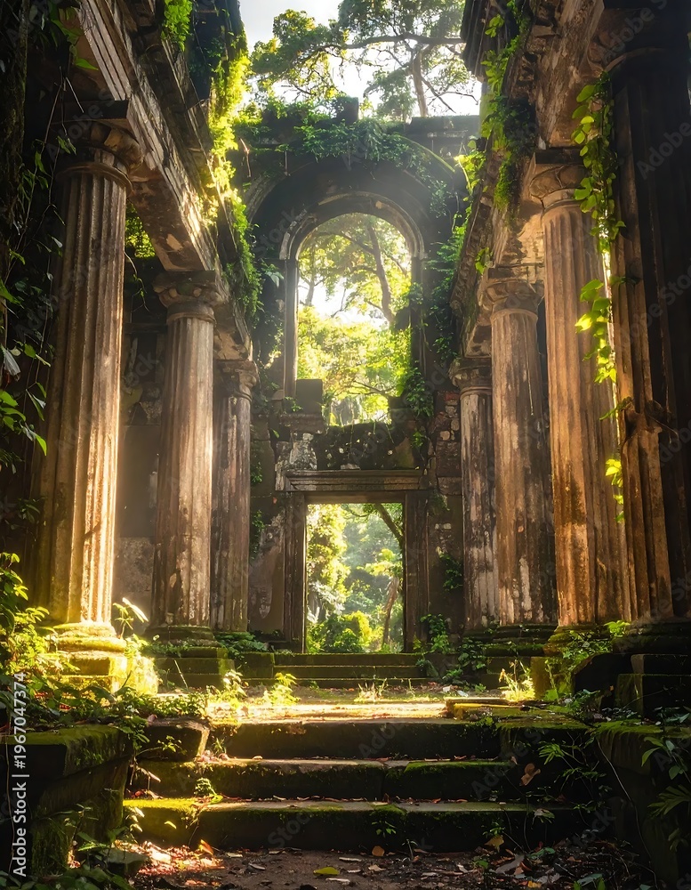 Fototapeta premium Ancient overgrown stone structure with columns and archways