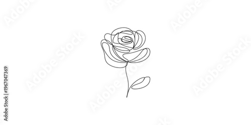 A minimalist line drawing of a single rose with one leaf on a white background