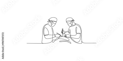 One line drawing of two surgeons performing surgery on a patient surgeon doctor medical hospital