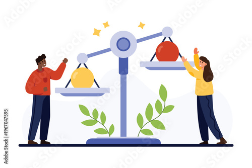 Business project choice, evaluation of decisions and advices. Tiny people compare balls of different colors on balance scales, thinking over right and wrong answer cartoon vector illustration
