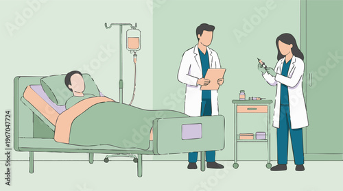 Healthcare professionals tending to a patient in a hospital room