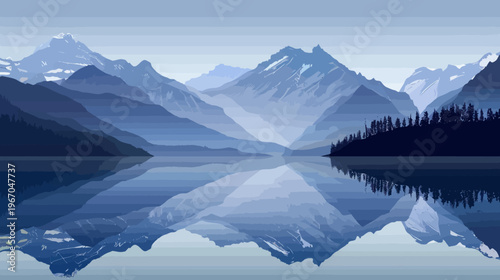Tranquil landscape reflection of mountains and water with silhouetted trees