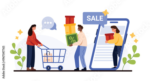 Online retail store sales, discounts offer and loyalty program bonuses promotion. Tiny people from smartphone screen giving gift boxes to customer with shopping cart cartoon vector illustration