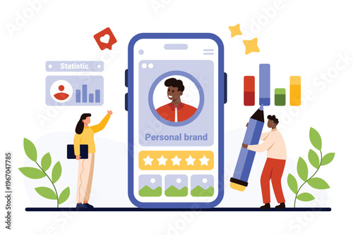 Personal brand presence, online identity in social media. Tiny people with pencil build profile and content on smartphone screen, PR team working on reputation strategy cartoon vector illustration