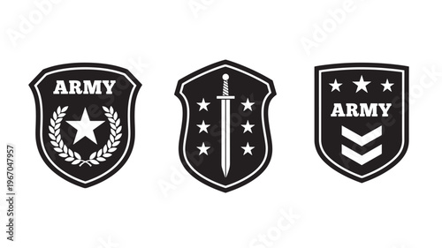 Army emblems with stars, swords, and laurel wreaths for military design and insignia. featuring emblem, badge, patch with shield and star elements