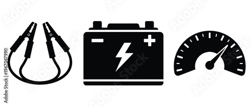 Car battery jumper cables with battery and speedometer icons