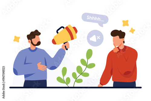 Please keep quiet and whisper, secret hidden information. Tiny people with megaphone and nonverbal body language, finger at mouth gesture and Shhh text in speech bubble cartoon vector illustration