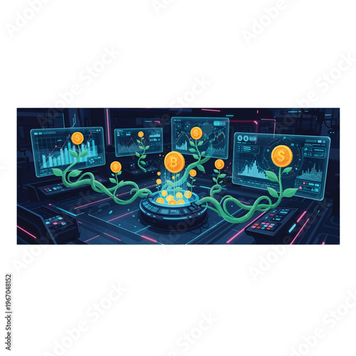 Abstract digital art of futuristic technology and green plants bearing cryptocurrency coins, symbolizing financial growth and investment in a high-tech environment. Vector art