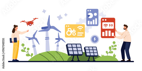 Automation of agriculture, control of smart agricultural equipment in cyberspace. Tiny people monitoring sensors of harvesting tractor and drone, solar panels, wind turbine cartoon vector illustration