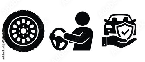 Car tire driver and vehicle insurance icons