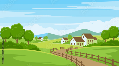 Idyllic cartoon rural landscape with houses, green hills, trees, and winding path