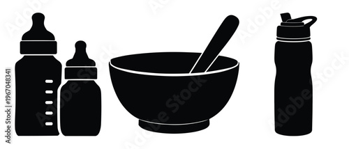 Baby bottles feeding bowl and sports bottle silhouette