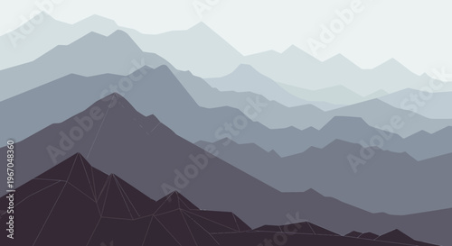 Layered mountain range in muted blue and grey tones.