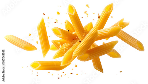 Pile of golden, uncooked penne pasta on black background