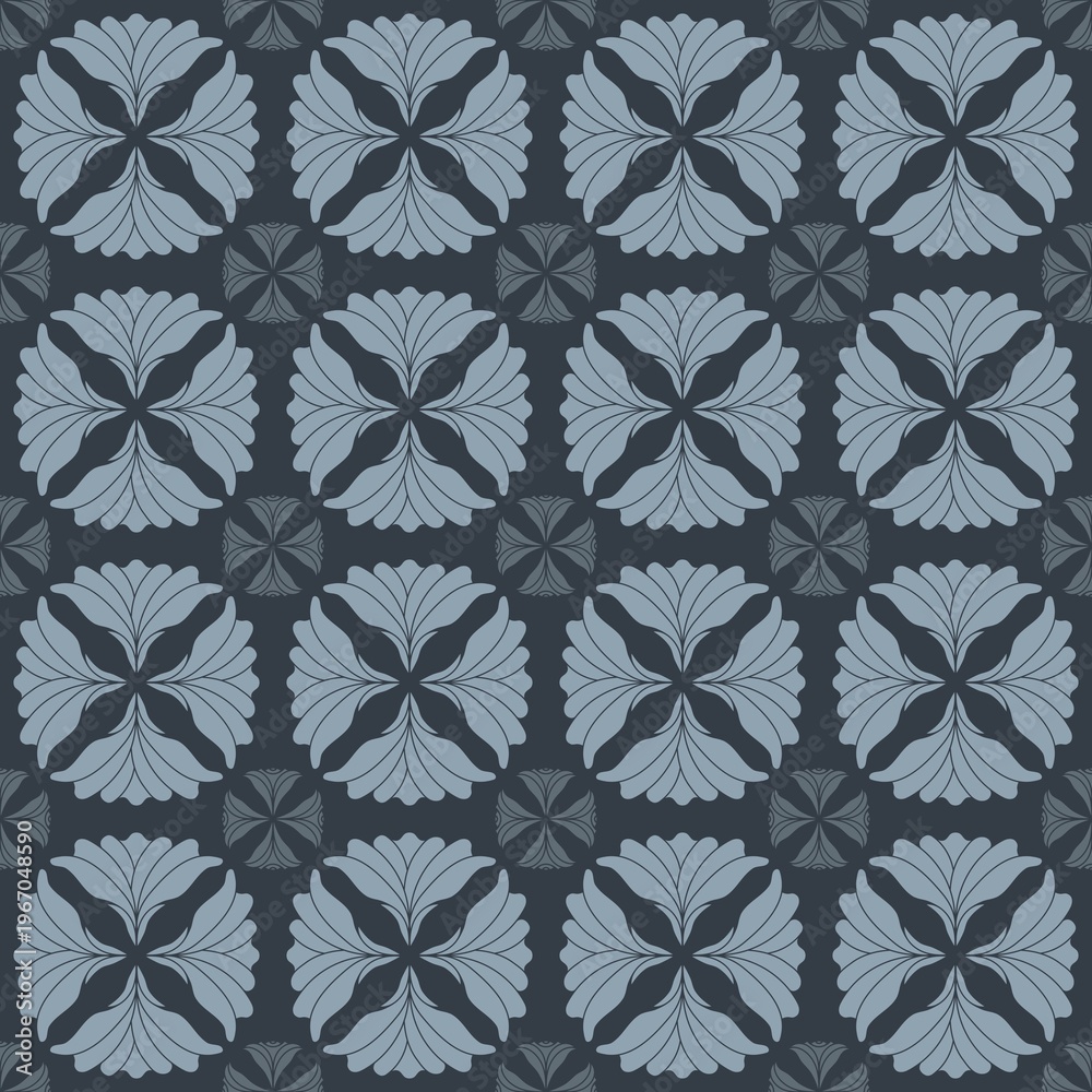 Fototapeta premium Seamless dark floral medallion pattern with stylized blue gray motifs on deep charcoal background