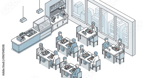 Isometric view of a modern cafe interior with people working.