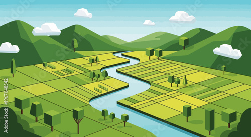 Vibrant green agricultural landscape with winding river and rolling hills.