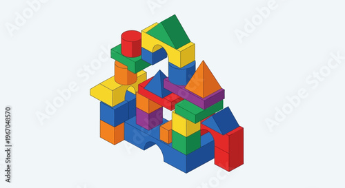Colorful building blocks castle construction isometric view.