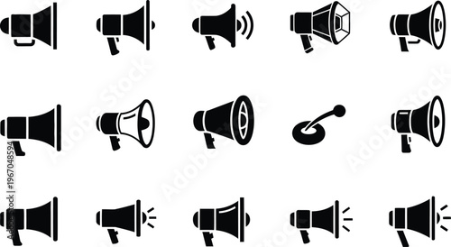 Collection of black and white megaphone icons in various styles and perspectives