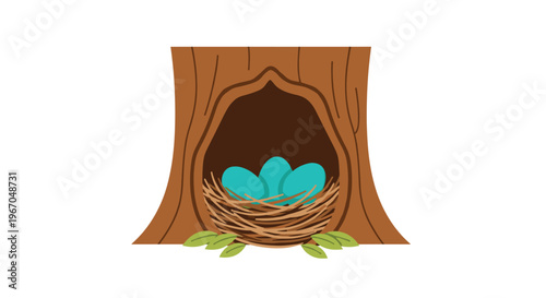 A brown tree trunk with a hollow contains a bird's nest holding three blue eggs on a white background.