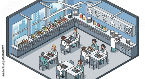 Isometric Restaurant Kitchen and Dining Area with People.