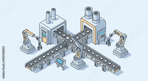 Automated Factory Production Line with Robotic Arms and Conveyor Belts.