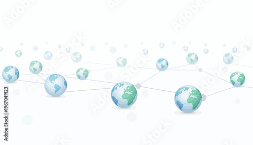 Multiple small 3D vector globes connected by subtle flat illustration lines, signifying global connection vector illustration