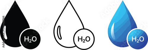 Three styles of H2O chemical formula icons depicting water molecule conservation for.