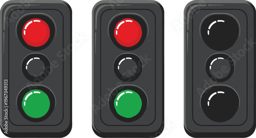 Three traffic signal lights show different illuminated states including red and green.