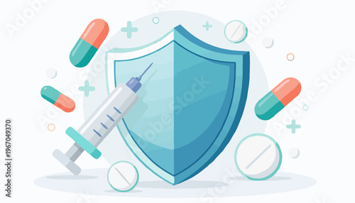 Medical protection concept with syringe, pills, and shield vector illustration