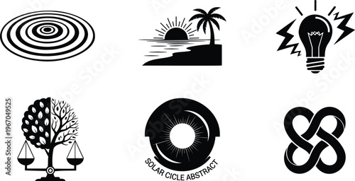 Abstract vector illustration set featuring solar circles, tropical scenes, and spiritual balance.