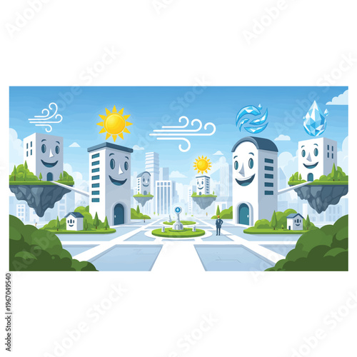 Whimsical cartoon cityscape with anthropomorphic buildings representing elements like sun, wind, water, and ice, set against a bright blue sky and green landscape. Vector art