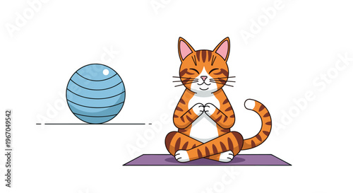 An orange tabby cat meditates on a purple yoga mat next to a blue exercise ball on a white background.