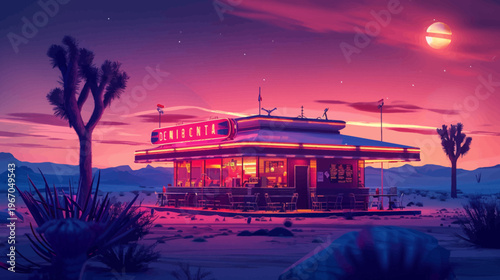 Desert diner illustration neon lit structure at sunset with cactus silhouettes