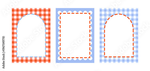 Set of greeting cards with hand drawn quirky frames and vichy retro checks. Vector illustration of checkered backgrounds with gingham fashionable pattern