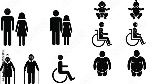 Various pictogram icons represent diverse user groups including gender, disability, age,.