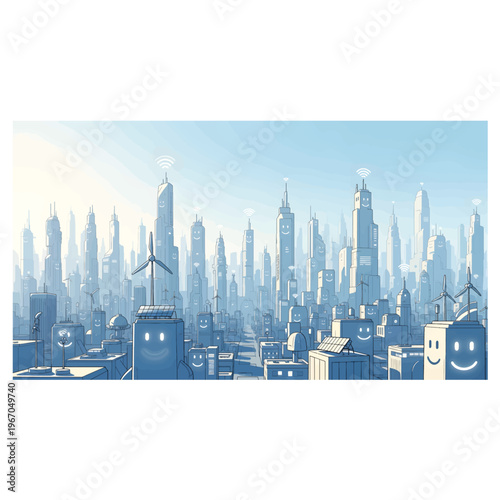 Futuristic eco-friendly cityscape with anthropomorphic buildings featuring smiling faces, wind turbines, and clean energy symbols against a bright, hazy sky. Vector art